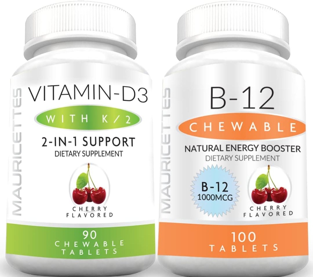 Mauricets Chewable Vitamin D3 s K2 & Chewable Vitamin B12 1000 mcg Energy and Imunitary Support Bundle