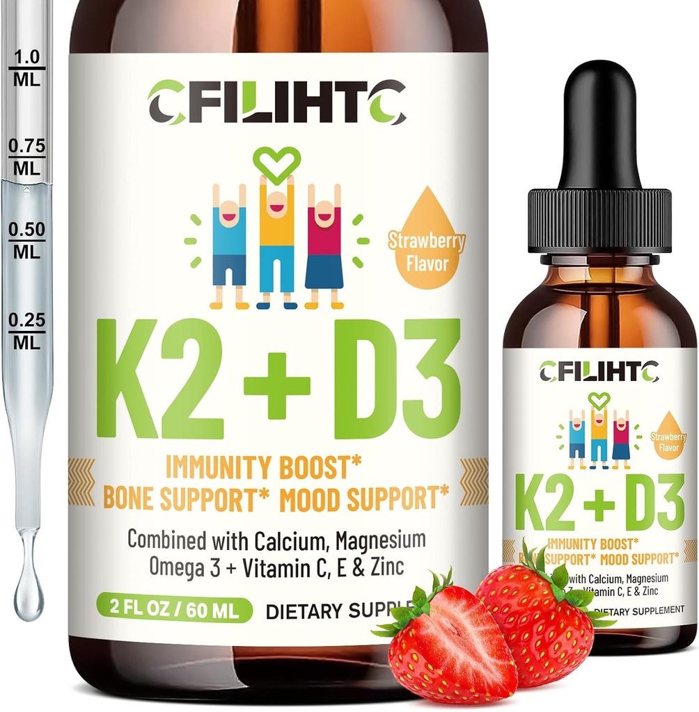 Vitamin D3 K2 Kapky pro děti - Omega 3, Vitamin E, vápník, hořčík a zinek pro lepší absorpci - tekutý MK7 1000 IU D3 pro zdravé kosti, zuby a podporu srdce - Non- GMO, 2 Fl Oz