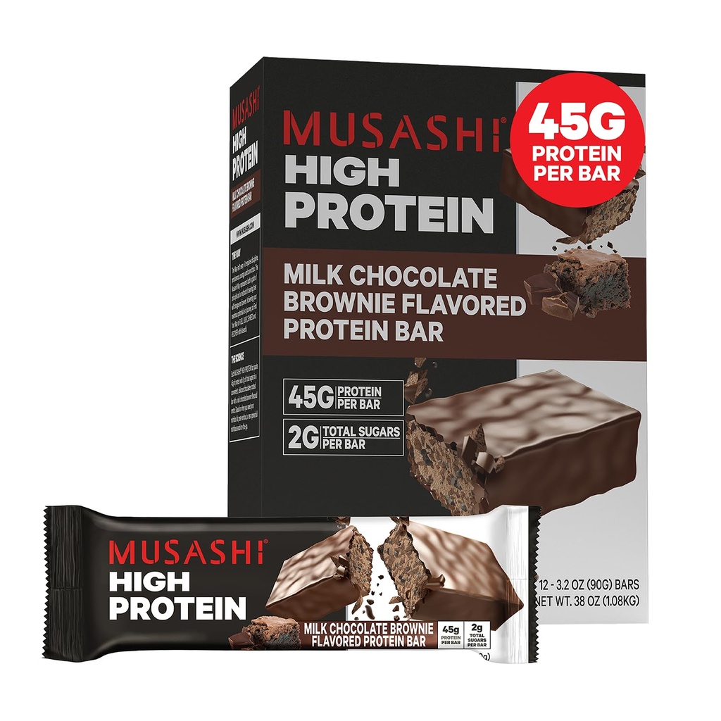 MUSASHI High Protein Bar, 45g Protein, 2g Celkem Sugars, Mléčná čokoláda Brownie, Post Workout a protein Snack On The Go, 12 Pack of 3.2oz (90g) Bary