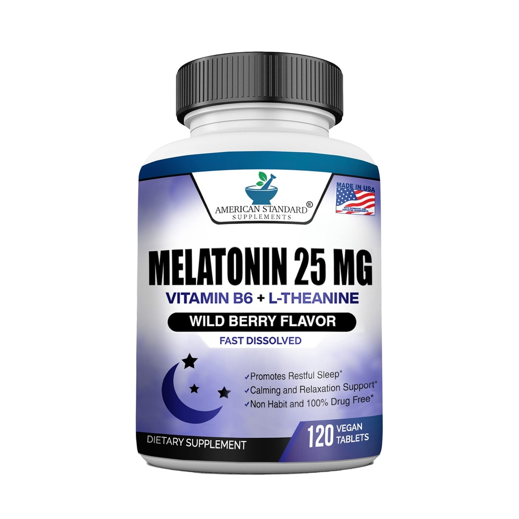 Melatonin 25 mg na jednu tabletu, 120 žvýkací tablety s L- theanin & vitamín B-6, podporuje zdravý spánkový cyklus, podporuje uklidňující a uklidňující spánek, Vegan, non GMO, Made in USA