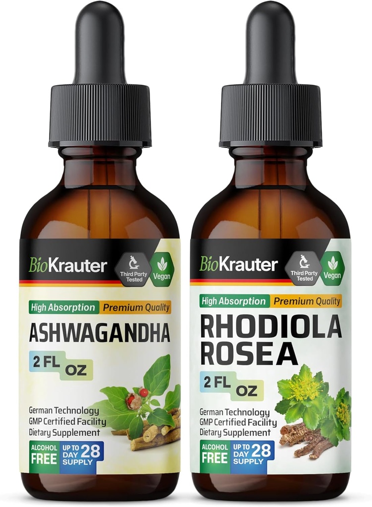 BIO KRAUTER Ashwagandha tinktura 2 Fl. Oz. & Rhoddiola Rosea tinktura 2 Fl. Oz.