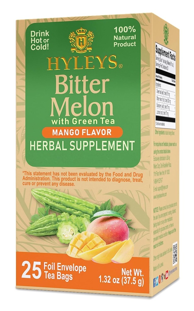Hyleys Bitter Melon se zeleným čajem - Mango Flavor - 25 Tea Bags - Podporuje zdravé funkce jater - Bylinný dodatek - (6 Pack - 150 Tea Bags Celkem)
