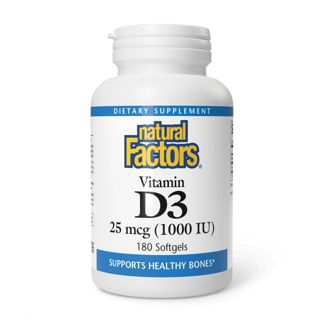 Přírodní faktory, Vitamin D3 1000 IU (25 mcg), podporuje silné kosti, svaly a imunitní funkce, 180 tablet