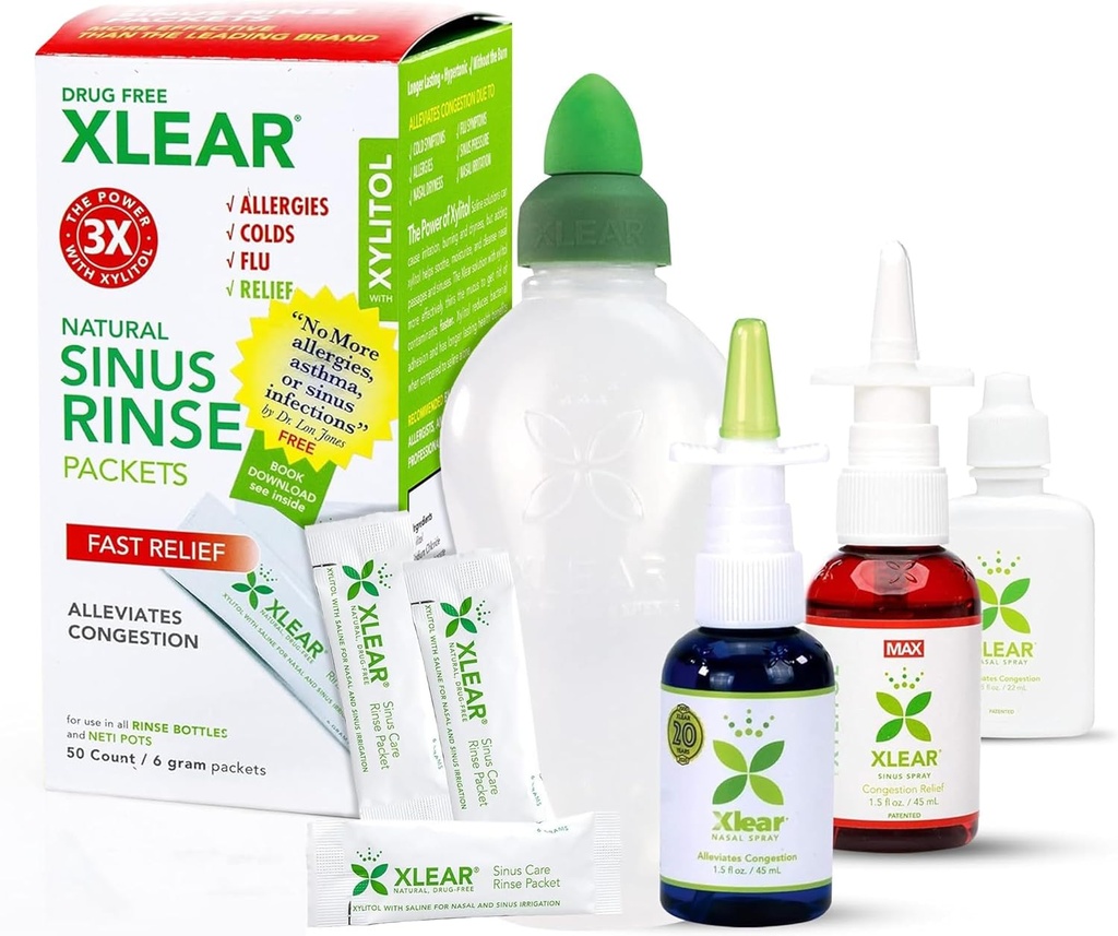 Xlear Alergics Relief Kit, All Day Alergics Rescue Kit včetně Xlear Nasal Spray s Xylitol, Xlear MAX Nasal Spray, Xlear Nasal Rinse Neti Pot a 50 Refill Packets