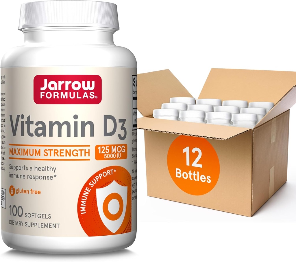Jarrow Vitamin D3 125 mcg (5000 IU) - 100 Servingů (Softgels) - Kostní zdraví, imunitní podpora a podpora metabolismu vápníku - doplněk vitaminu D - D3 vitaminy - 5000 IU vitaminu D (balení po 12)