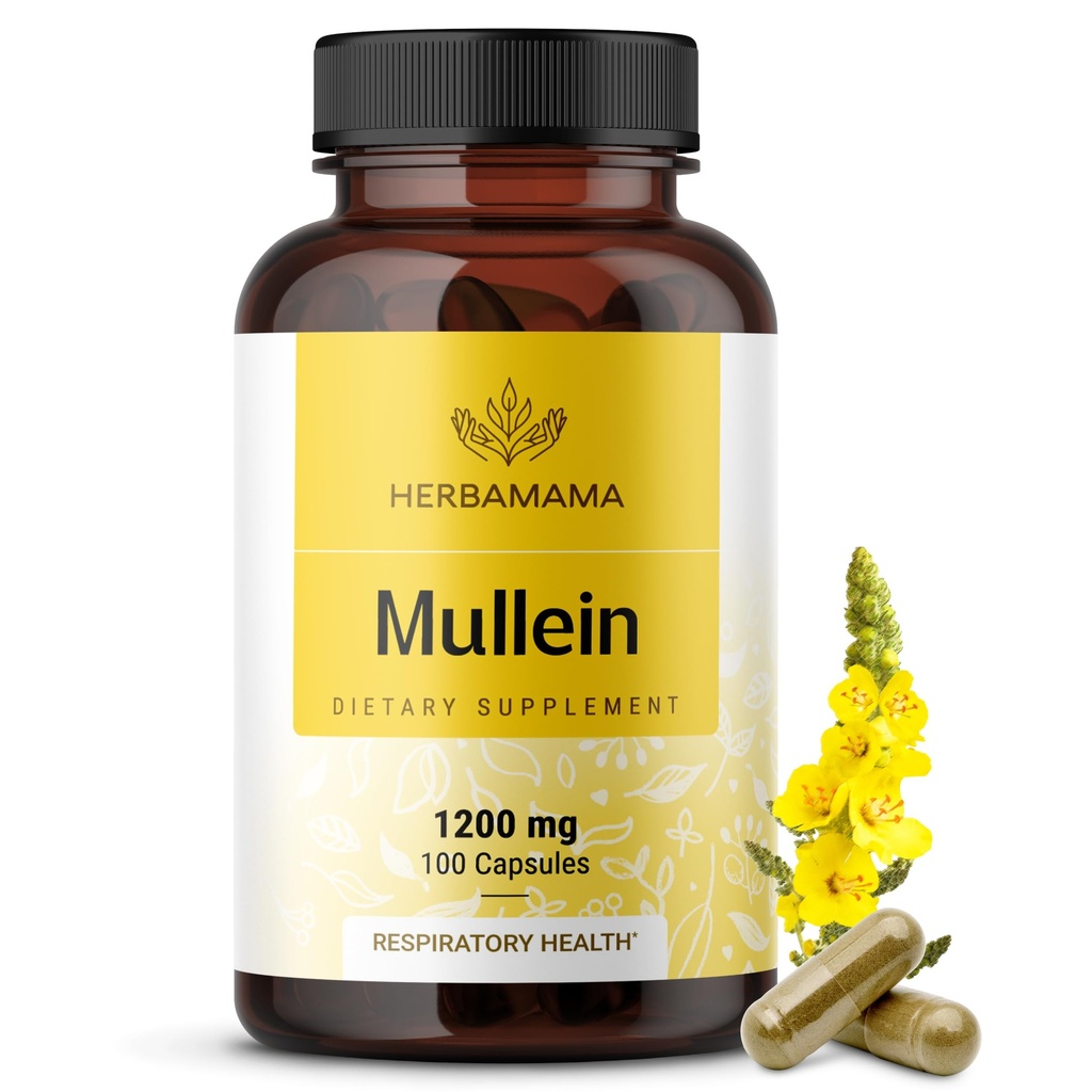 HERBAMAMA Mullein Leaf Kapsle - 1200mg Mullein Leaf Extract for Lung Detox Support - Vegan, Non- GMO Respirační Lung Cleanse Dodatek