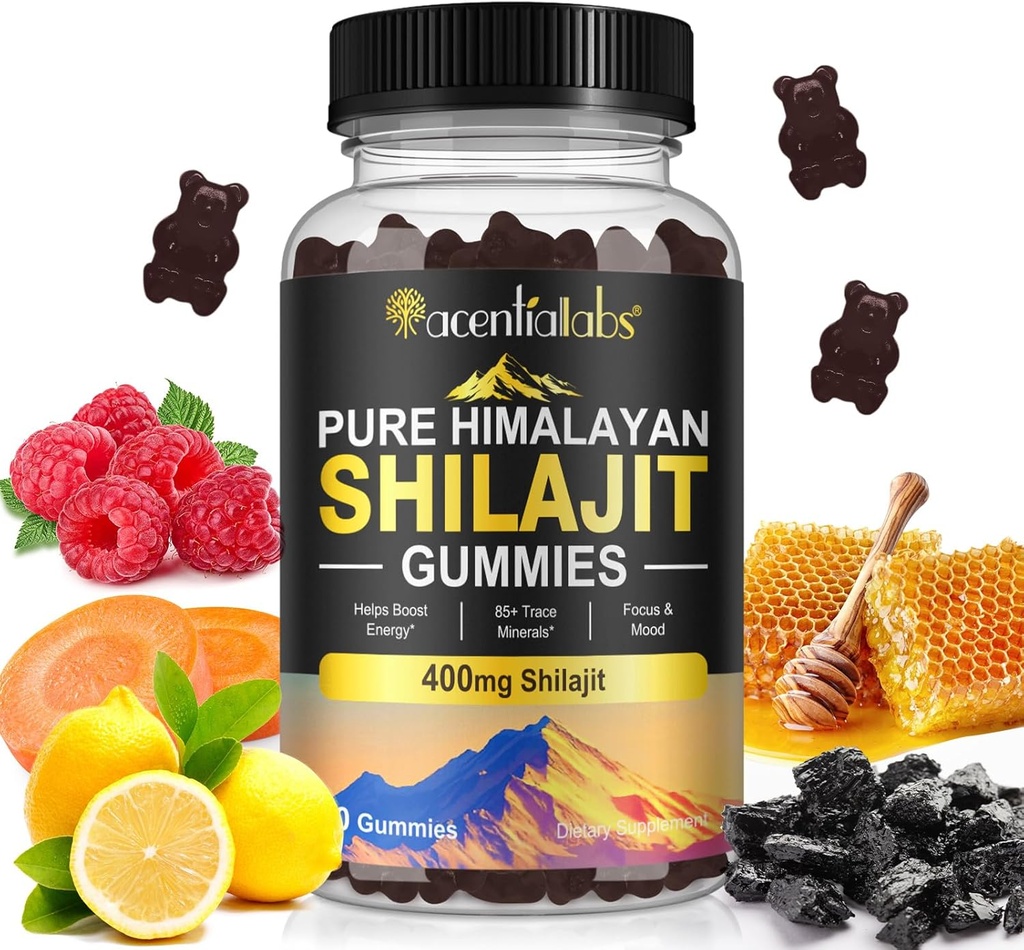 Shilajit Gummies, Pure Himalayan Shilajit Gummies with 100% Shilajit, Shilajit Organic Gummies Rich in Fulvic Acid 85 + Trace Minerály vhodné pro muže a ženy, Non- GMO - 60 Gummy