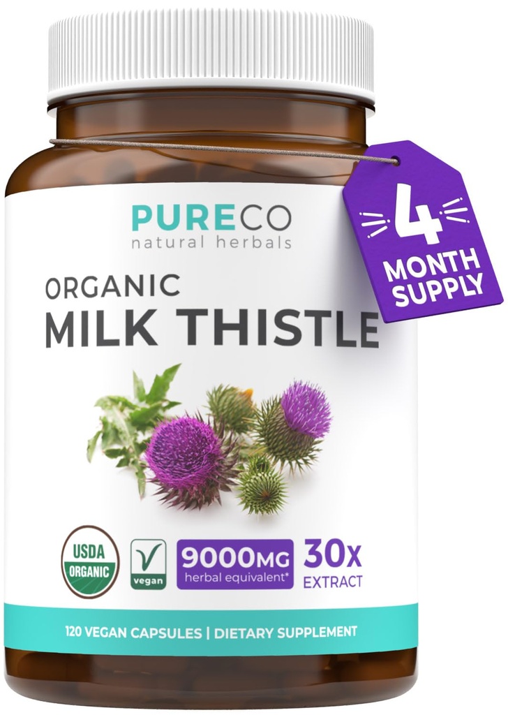 PURE CO USDA Organic Milk Thistle Kapsle - 80% Silymarin dodatek pro podporu jater - Super Koncentrované 300mg 30: 1 Mléko Thistle Extract Játra Detox 120 Day Supply