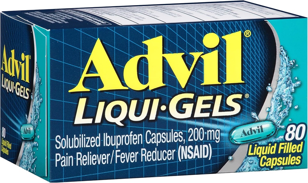 Advil Liqui- Gels Pain Reliever and Fever Reducer, Pain Medicine pro dospělé s Ibuprofen 200mg pro bolest hlavy, záda, menstruační bolest a kloubní bolest - 80 Tekuté plněné kapsle