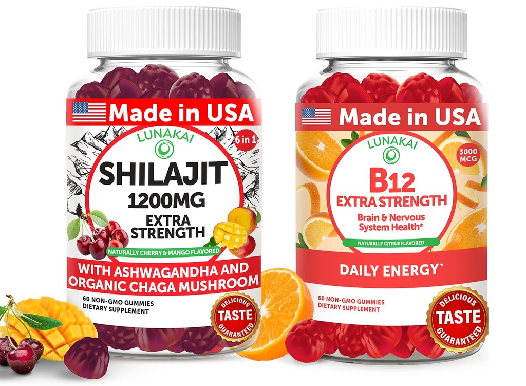 Lunakai USA Made Shilajit & B12 Extra Strength Gummies Bundle - Energy, Focus, and Daily Wellness - Vegan & Delicious