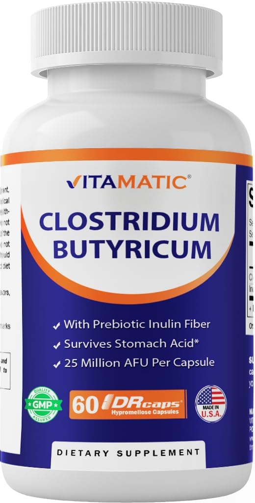Vitamatic Clostridium butyricum 25 milionů - Gut Health - 60 DR Kapsle (opožděné uvolněné) - Vyrobeno z prebiotického inulinového vlákna