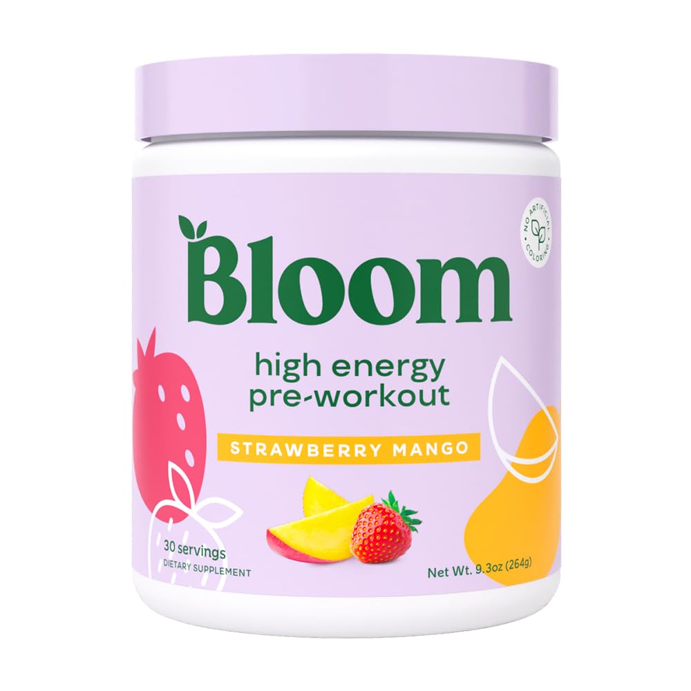 Bloom Nutrition High Energy Pre Workout s Beta Alanine, Ginseng a L Tyrosin pro Amino Energy, přírodní kofein prášek z Green Tea Extract, Keto, cukr zdarma nápoj mix, jahodové mango