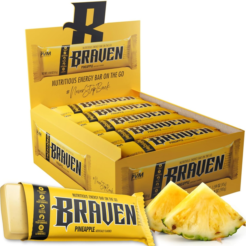 Braven Bar Ananas Energy Bary (1.59 oz, Pack of 20) - Energy Chews with 5g Protein - On-the-Bean Energy Snacks for running, Hiking, and Sports - Gluten zdarma Snacks for Setrvalá energie Boost