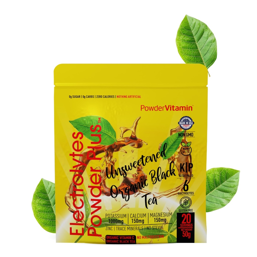 PowderVitamin Electrolytes Powder Plus (20 Servings) Neslazený černý čaj Electrolyte Powder Keto, SugarFree, Pink Himalayan Salt, 1000mgDraslík, 150mgCalcium, 150mgMagnesium, Hydratační prášek NO STEVIA