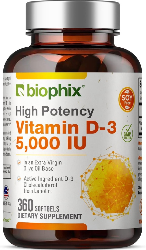 biophix Vitamin D-3 5000 IU 360 Softgels - High-Potency in Extra Virgin Olive Oil Non- GMO Soy-Free Podporuje silné kosti imunitní zdraví
