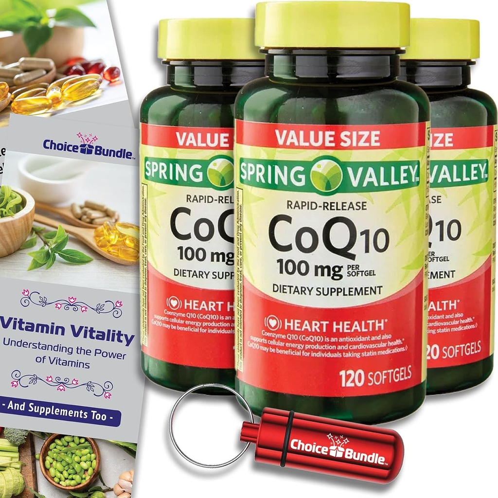 Volba Bundle Spring Valley Rapid- Release CoQ10 Coenzym Q10 100 mg Softgels 120 CT 3 pk (360 Celkem) + vitaminový průvodce a zásobník na pilulky (5 položek)!