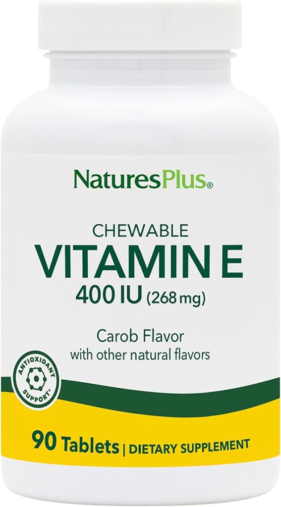 NaturesPlus Vitamin E Žvýkací - 400 iu, 90 Vegetariánských tablet - Přírodní karob Flavor - Zdravá kardiovaskulární funkce, Free- Radikální obrana a celkové wellness - gluten- Free - 90 Služeb