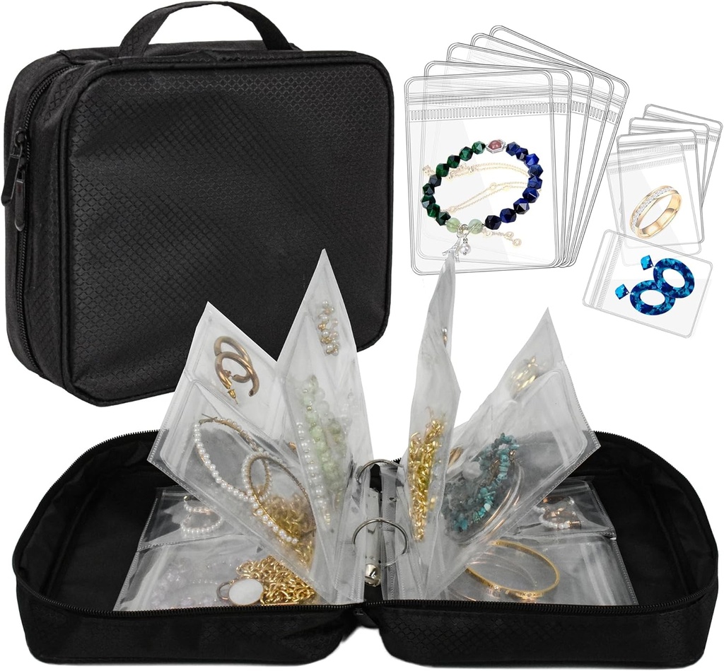 Cestovní klenotnictví Pořadatel Pouzdro Transparentní Jewelry Storage Book Binder Bag pro náušnice, prstence, Náhrdelník, Náramek (All- Black)