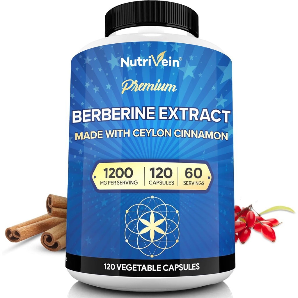 Nutrivein Premium Berberine HCL 1200 mg s Ceylon Cinnamon - 120 Kapsle: High- Absorpce Berberine dodatek pro defenze, Digestion, & Metabolismus