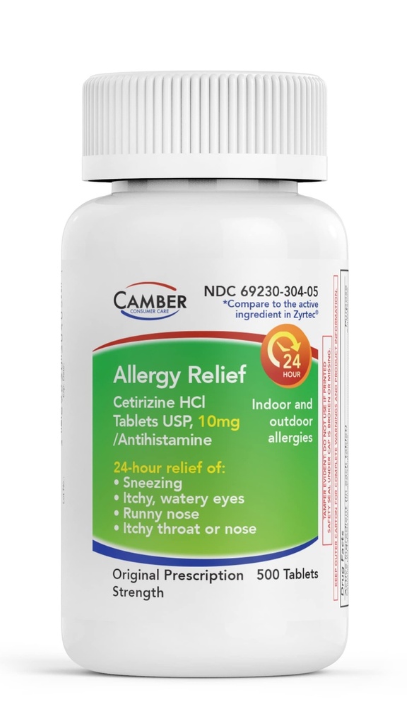 CAMBER PHARMACEUTICALS, INC Cetirizin HCI 10mg tablety, 24- hodinová alergická pomoc, alergická léčba - 500 Počet