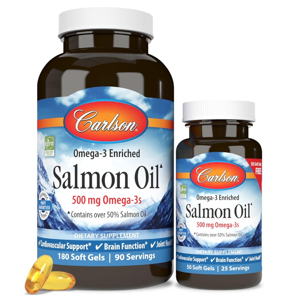 Carlson - Norský losos olej, 500 mg Omega-3s, Norský losos olej dodatek, Wild chycen Omega 3 losos olejové kapsle, udržitelně sourced, mozek, srdce a společné zdraví, 180 + 50 Softgels