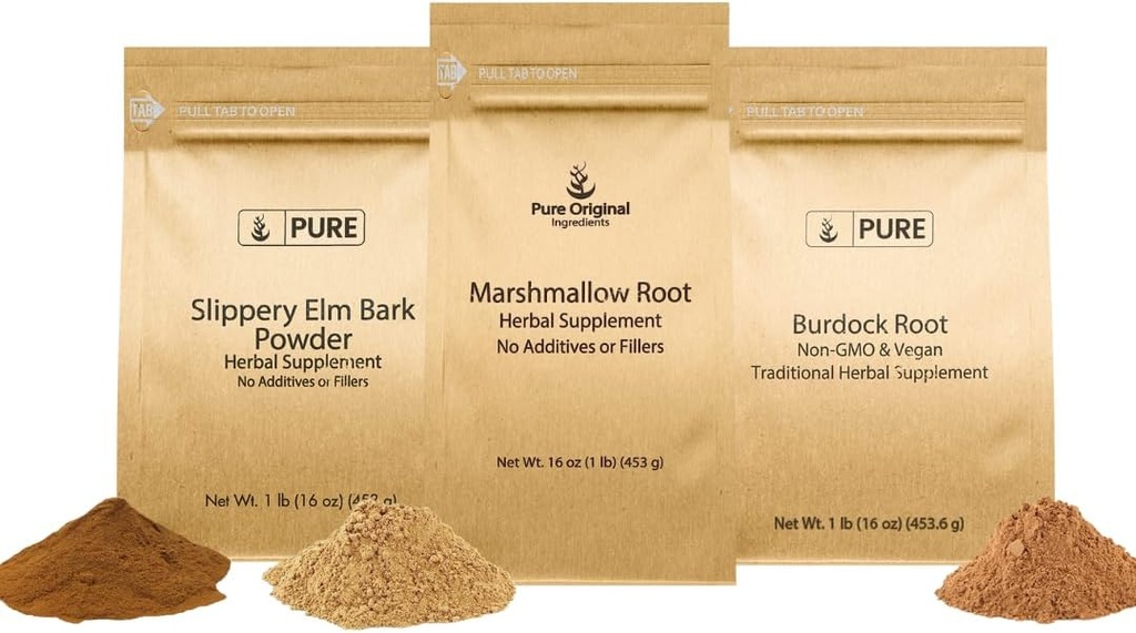 PURE Original INGREDIENTS Slippery Elm Bark, Marshmallow Root, a Burdock Root Bundle, 1 LB Každý, Prášek, Bylinné doplňky