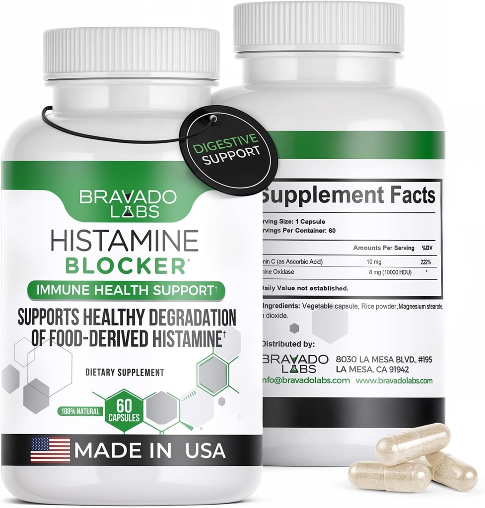 Histamin Block doplňky - DAO Enzyme Formule & Vitamin C - Denní podpora pro Histamin Intolerance & Imunitní podpora - DAO doplňky Histamin Block - 60 Kapsle - Made in USA