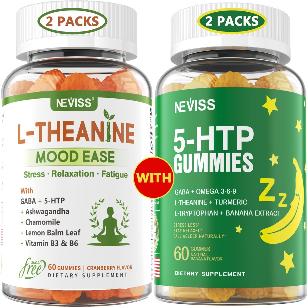 NEVISS Sugar Free L- Theanine Calm Gummies 120 Počítá + Sugar Free 5- HTP Gummies 120 Počítání