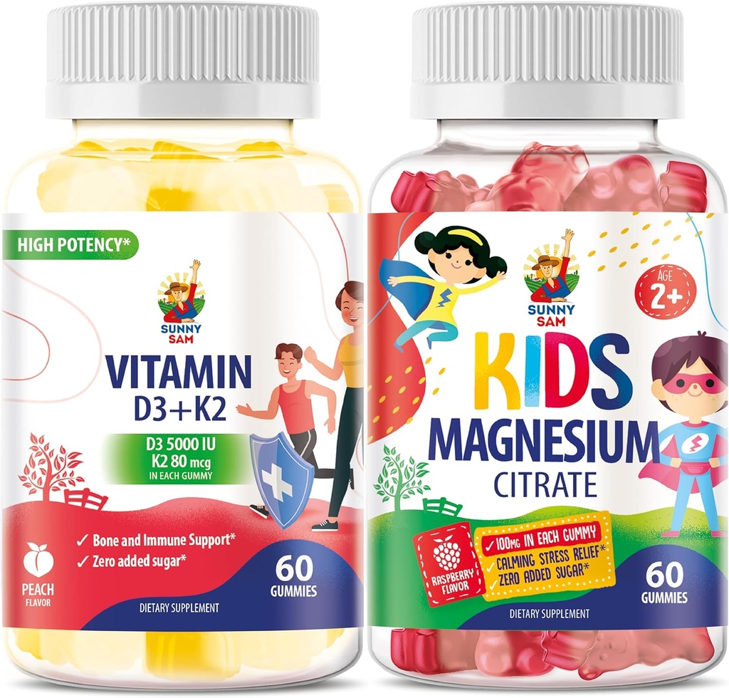 SUNNY SAM Vitamin D3 K2 Gummies 5000 IU & Magnesium Gummies for Kids Citrát Žvýkací doplněk pro Mood & Muscle Support