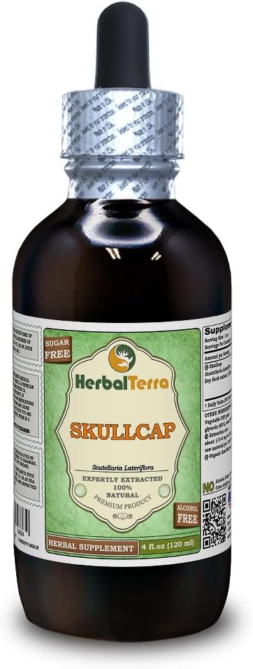 Skullcap (Scutellaria Lateriflora) Glycerit, Organic Sured Herb Alcohol- Free Liquid Extract (Značka: HerbalTerra, Proudly Made in USA) 4 fl.oz (120 ml)