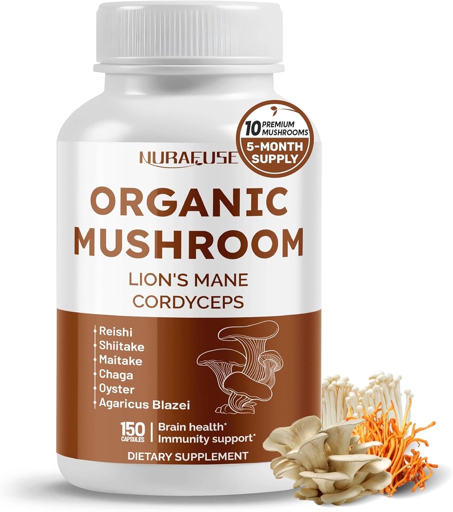 Organická houba 10- in-1 Formule - s Lví hřívou, Cordyceps Reishi, Shiitake, Maitake, Chaga, Non- GMO, gluten- Free, Soy- Free (150 Počet balení po 1)