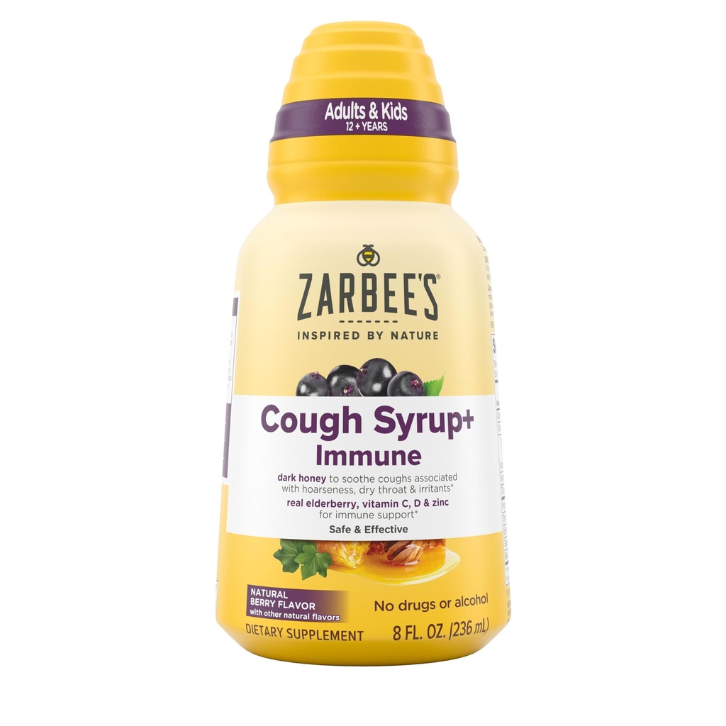 Zarbee Naturals Kompletní Daytime Kašel Syrup + Imunitní s Dark Honey, Real Elderberry, Vitamin C, D & Zinek, 8 oz láhev