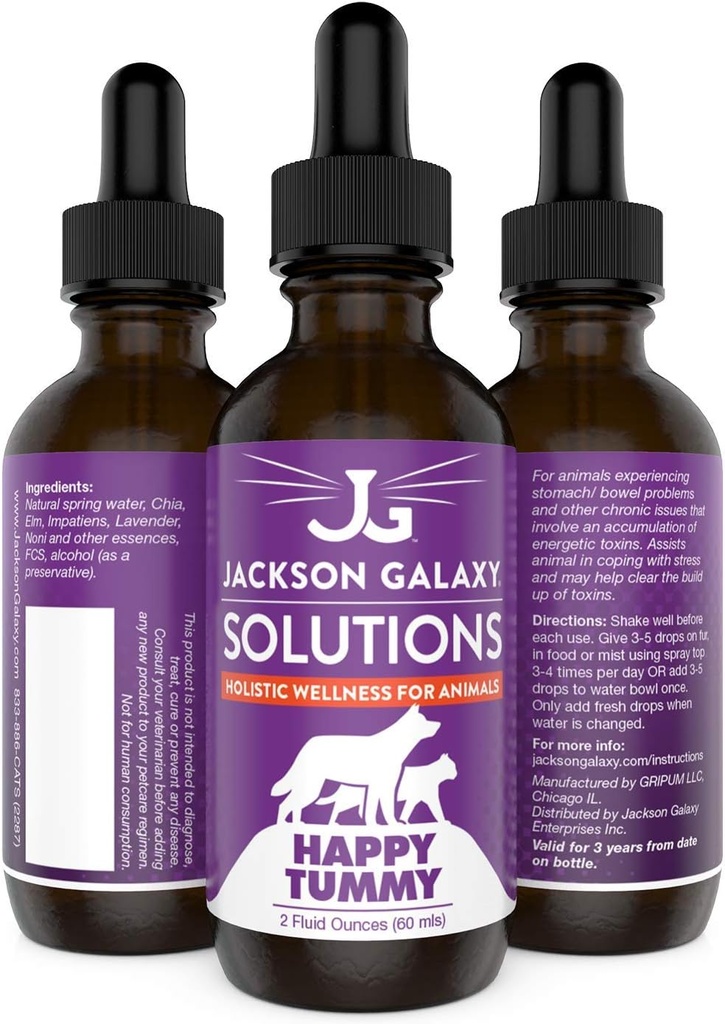 Jackson Galaxy: Happy Tummy (2 oz.) - Pet Solution -Nápověda se stresem a vypouštění toxinů - může pomoci se žaludeční problémy (IBD, zácpa, atd.) - All- Natural Formule - Reiki Energy