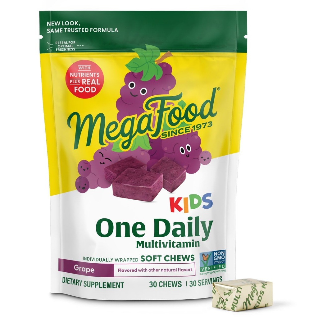 MegaFood Kids One Daily Multivitamine Soft Chews - Dětské vitamíny s vitaminem B, vitaminem C, vitaminem D & Vitamin E - Věk 4 +, Vegetarian, Made Without 9 Food Alergens - Grape Flavor - 30 Chews