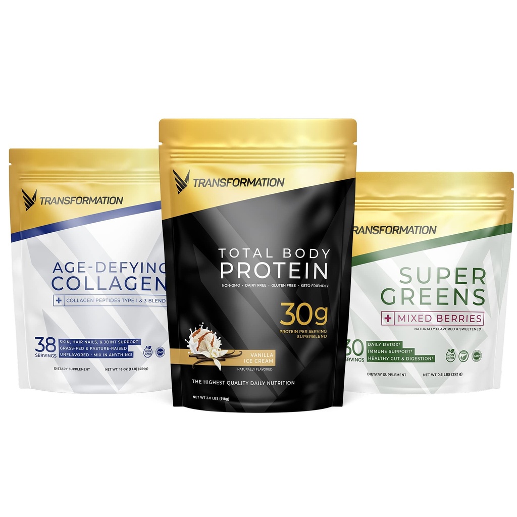 Transformace Vanilla Protein Powder 124; 30G Multi- Protein Supersměs + Grass- Fed Hydrolyzované Kolagen Peptidy Powder- Vlasy, kůže, hřebíky + organické Super Zelené Superfood Powder- Imunitary & Energy Support