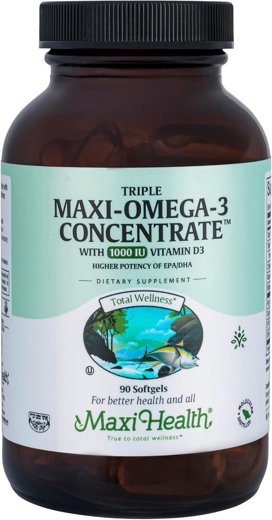 Maxi Health Triple Omega-3 Concentrate - Fish Oil - "1000 IU" Vitamin D3-90 Kapsle - Kosher