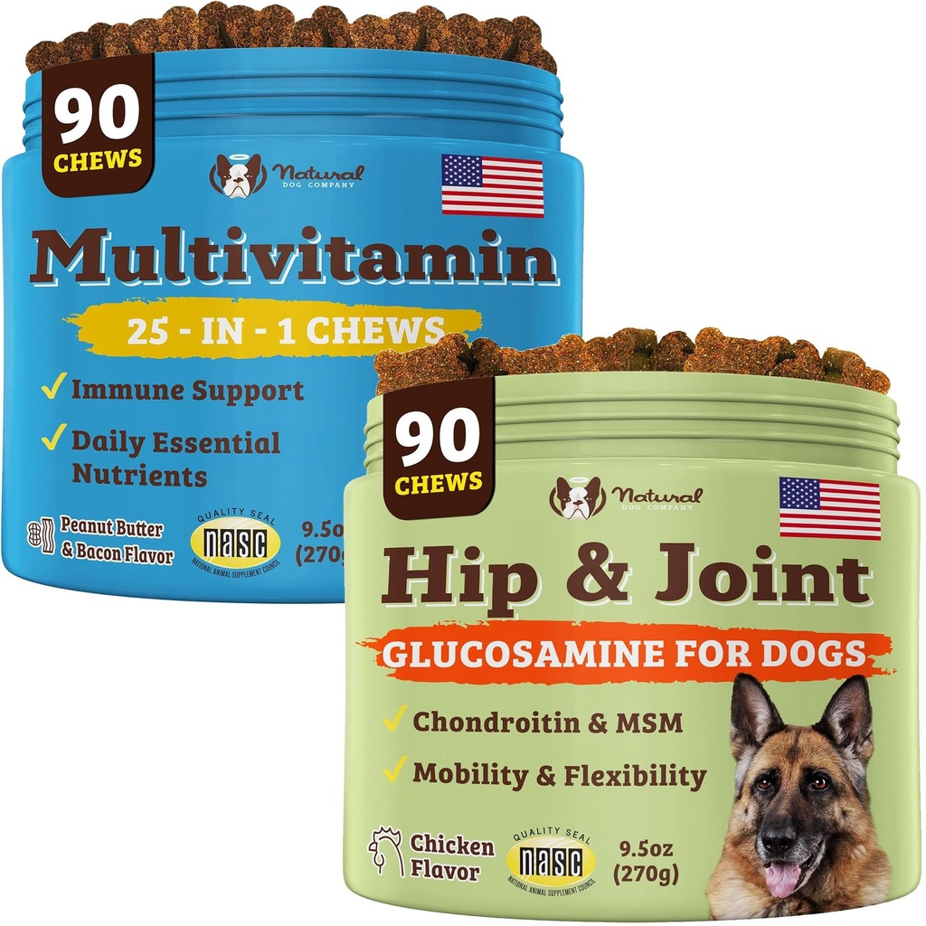 Natural Dog Company Dog doplňky pro seniory a aktivní psy - Multivitamin Chews & Hip & Joint Relief - Kompletní nutriční podpora pro společné zdraví, Vitamíny pro psy, Energie, & Vitality