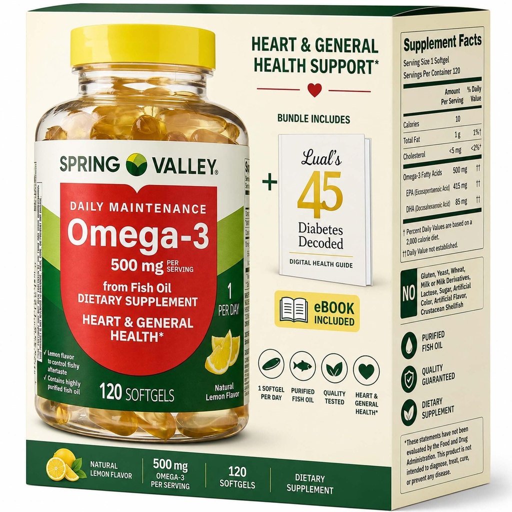 Spring Valley Omega-3 z Fish Oil 500 mg 120 Počet, SoftGels, General & Heart Health Dietní doplněk Bundle s Luall 45 Diabetes Decoded