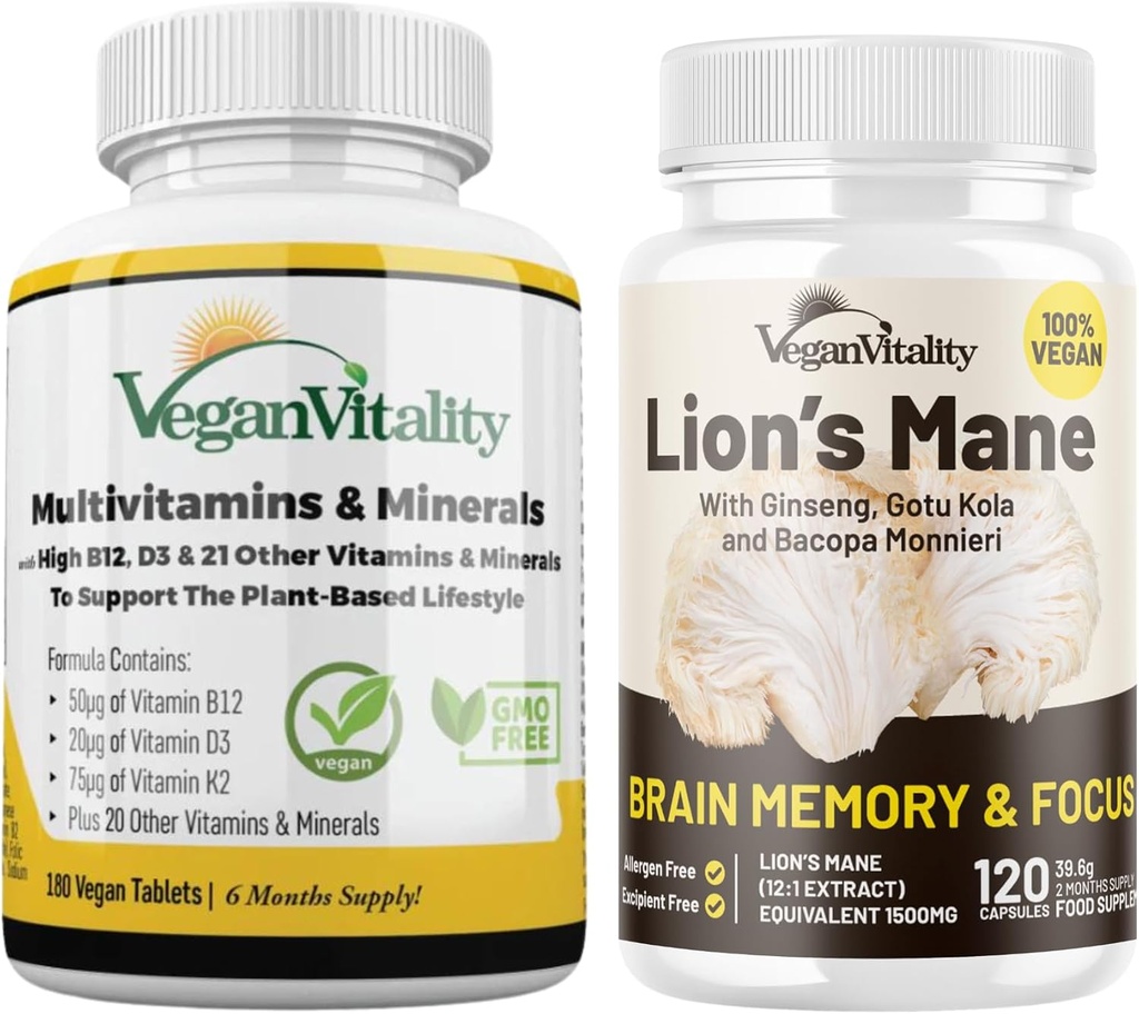 Vegan Vitality Lion 's Mane x General Health Combo Bundle - 6 měsíců Lion' s Mane and Multivitamins