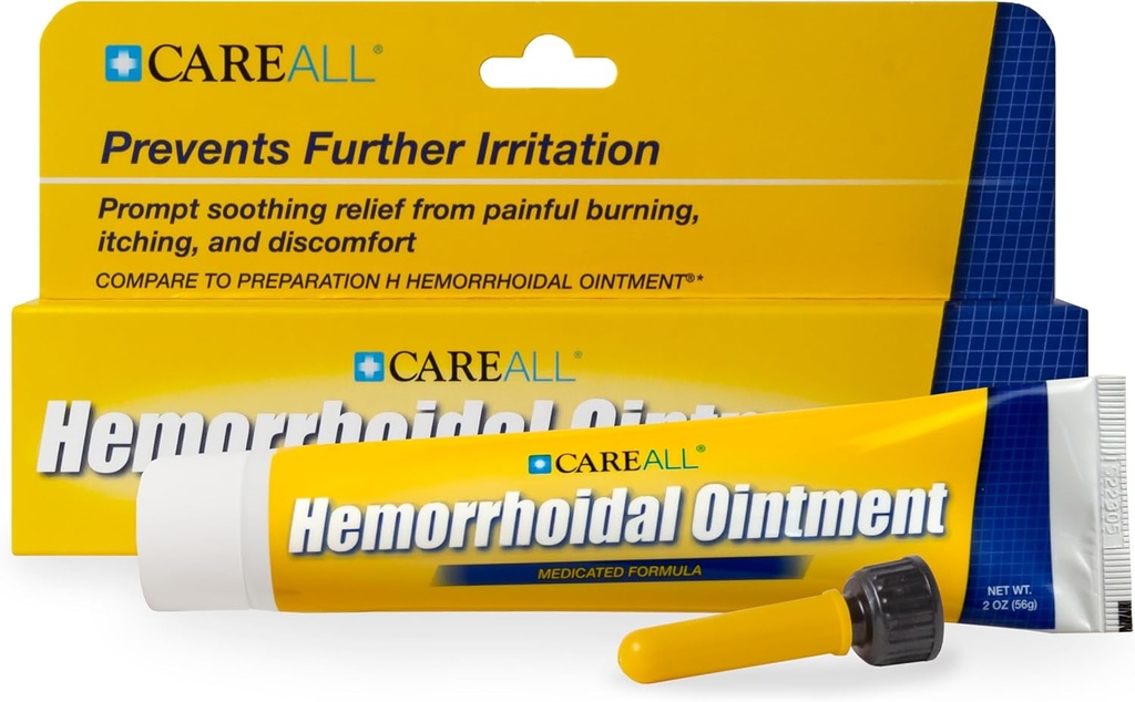 CareAll Hemoroidní Mast 2.0 oz s aplikátorem. Pomáhá zmírnit pálení, svědění, a nepohodlí spojené s zanícené hemoroidní tkáně. Barvy, ftaláty a vůně zdarma