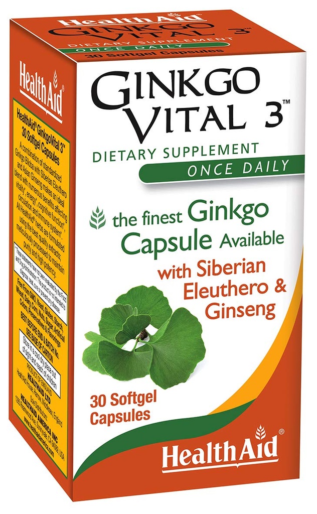 HealthAid Ginkgo Vital 3 - Once- Daily Softgel s Ginkgo Biloba, Sibirian Eleuthero & Korean Ginseng S124; Podporuje Duševní jasnost a oběh 124; 30 Softgels