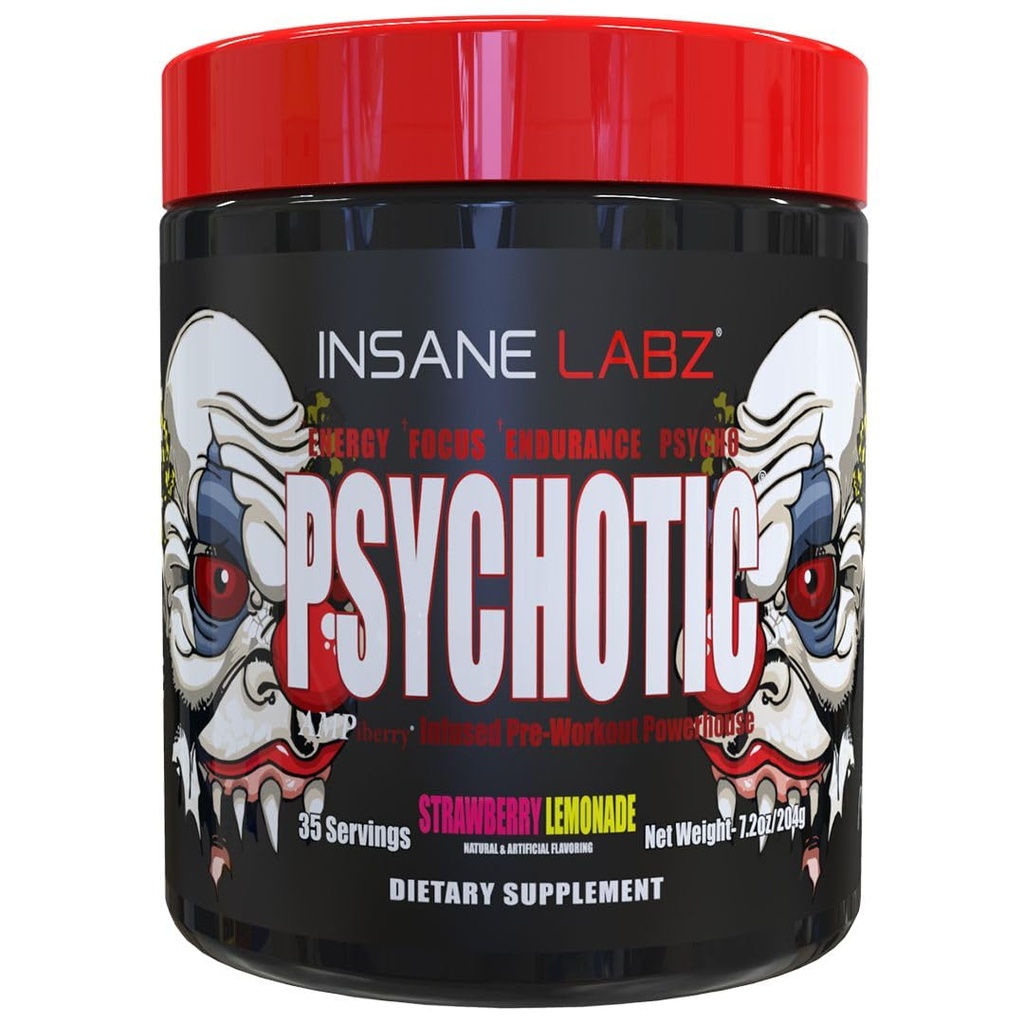 Šílený labz psychotic, High Stimulant Pre Workout Powder, Extreme Lasting Energy, Focus and Endurance with Beta Alanine, Creatine Monohydrát, DMAE, 35 Srvgs (Jahodová limonáda)