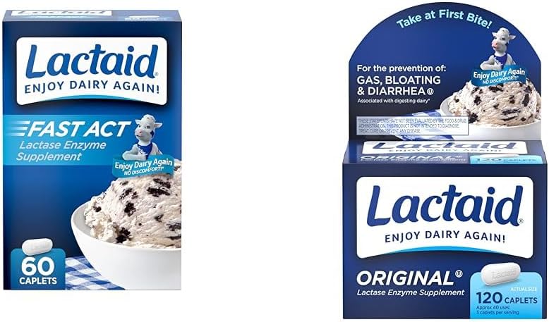 Lactaid Fast Act 60- Pack Original Strength 120- Count Lactosa Intolerance Caplet with 9000 FCC Laktázové jednotky