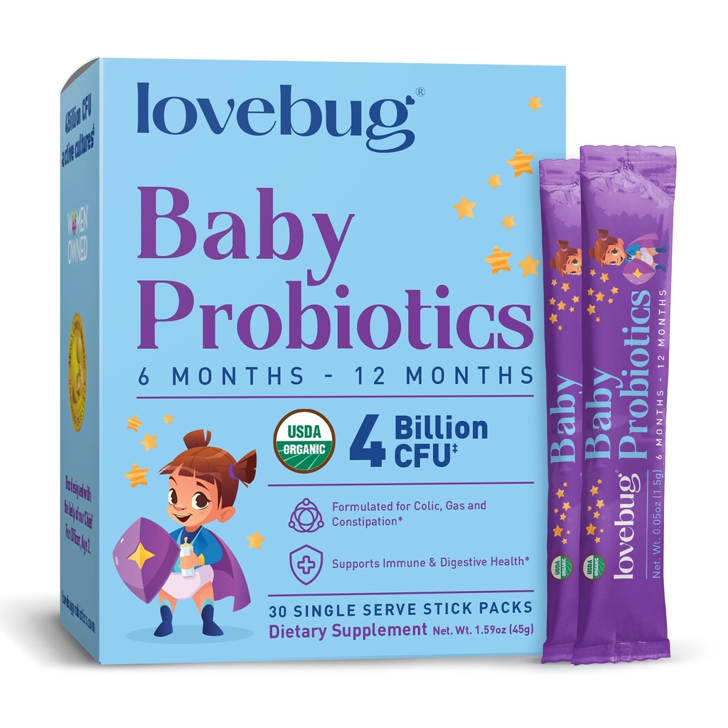 LOVEBUG Probiotika pro děti - Organic Baby Probiotika 6- 12 měsíců pro podporu imunitního systému dítěte, plyn, kolika, průjem a kojenecká zácpa Relief Sugar- zdarma, bez chuti, 30 Pack