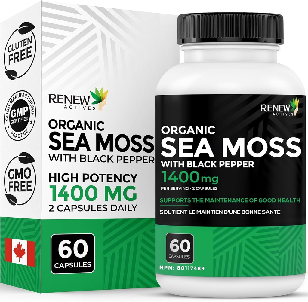 Reew Actives Sea Moss Triple- Action Antioxidant Blend with BioPerine - Organic Irish Sea Moss 500MG, Bladderwrack 500MG & Burdock Root 400MG per 2 Kapsle - Made in Canada - 60 Kapsle