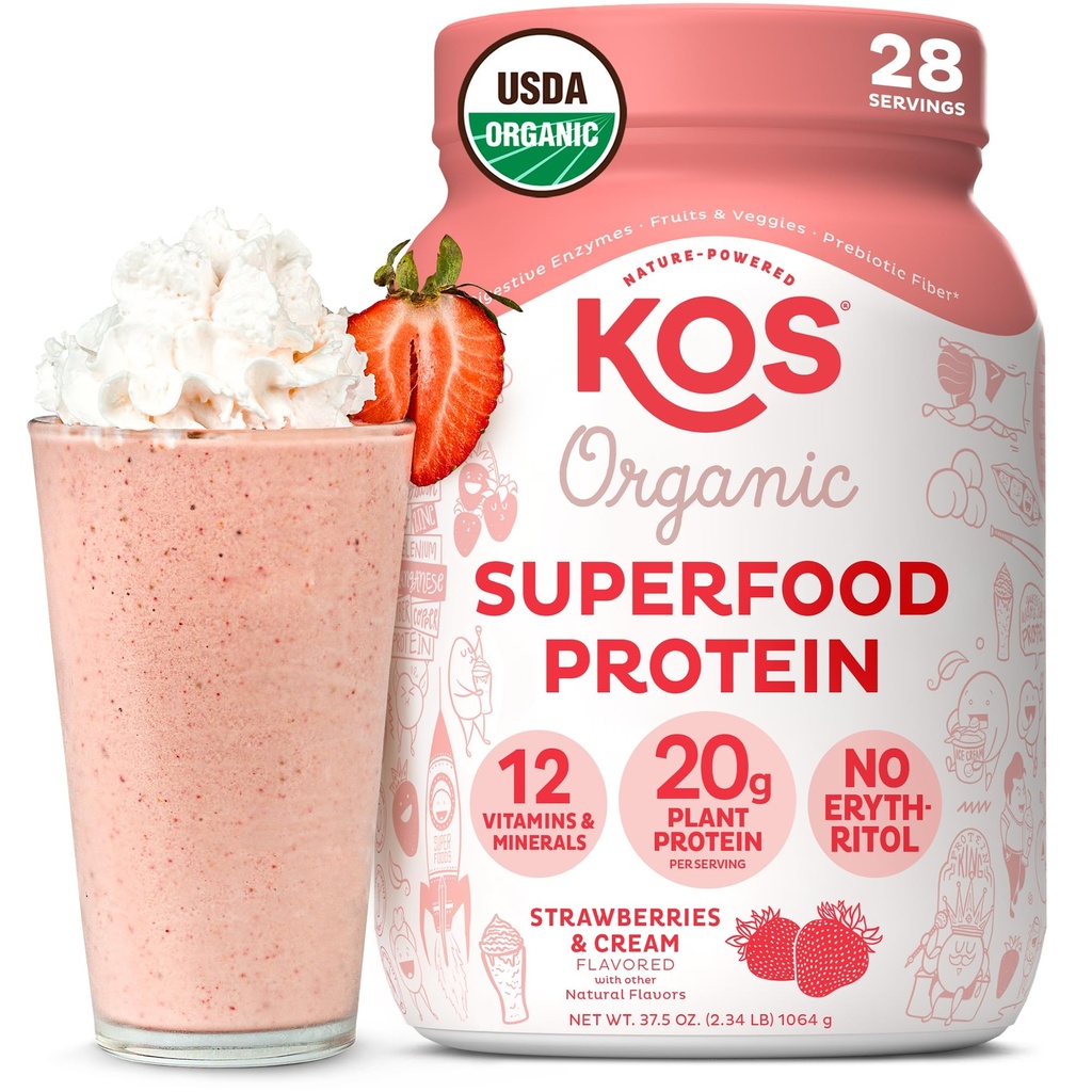 Kos Vegan Protein Powder, Jahody & Cream USDA Organic - Low Carb Pea Protein Blend, Plant Based Superfood with Vitamíny & Minerály, Lepek Free - Strava náhrada pro ženy & Muži - 28 Služeb