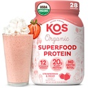 Kos Vegan Protein Powder, Jahody & Cream USDA Organic - Low Carb Pea Protein Blend, Plant Based Superfood with Vitamíny & Minerály, Lepek Free - Strava náhrada pro ženy & Muži - 28 Služeb