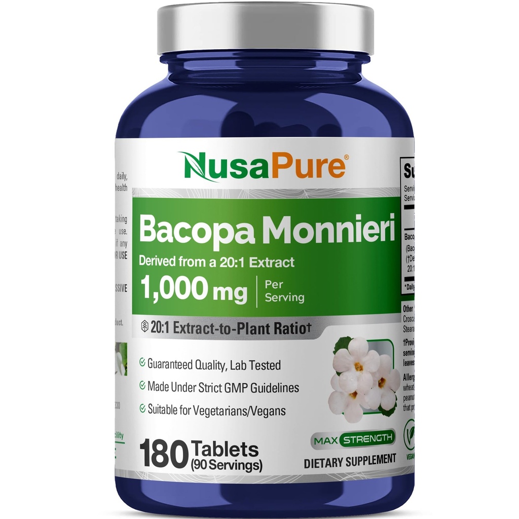 NusaPure Bacopa Leaf Monnieri Extract 20,000 mg 180 tablet (Extract 20: 1, Non- GMO, gluten zdarma)