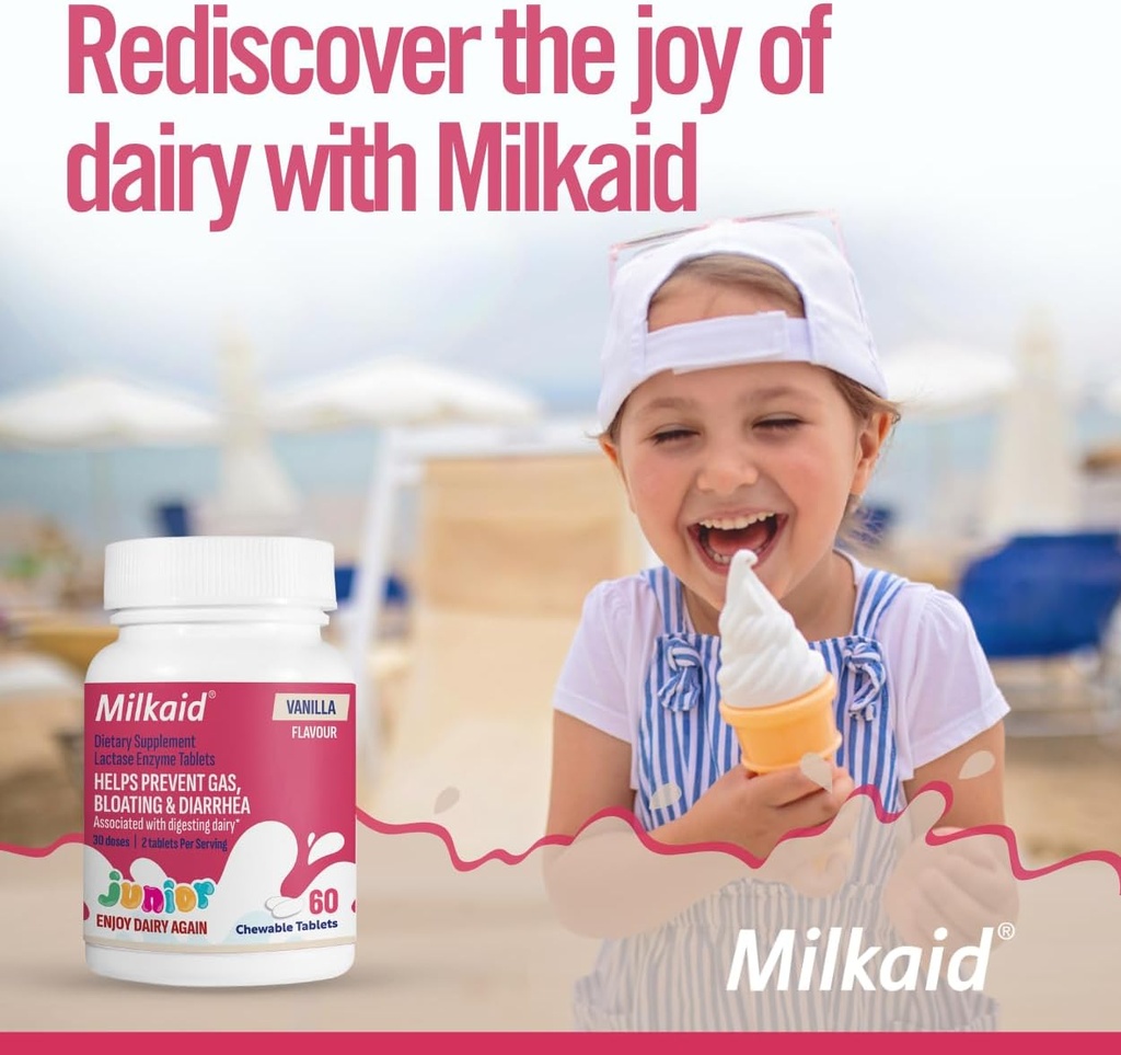 Milkaid Junior Flavor Balení 124; Pomáhá Prevents Gas, Nadýmání, Průjem u dětí 124; Rychlé hraní Dairy Digestivní dodatek pro děti 124; 180 Tablety