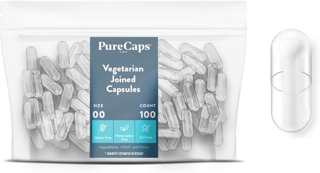 PureCaps USA - Prázdné Vegetariánské a Vegan Pill Kapsle Velikost 00 Březen 124; 100 Přidaných pilulek 124; Clear CLAS124; Non-GMO Certified CLAS124; SLS, gluten, konzervativní zdarma